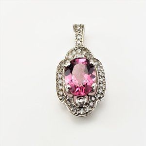 Vintage 14 Karat White Gold Red Tourmaline and Diamond Pendant #8454